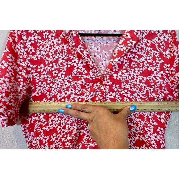Jaquelin De Yong Red White Lightweight Front Button Up Waisted Tie Floral Dress - Picture 7 of 8